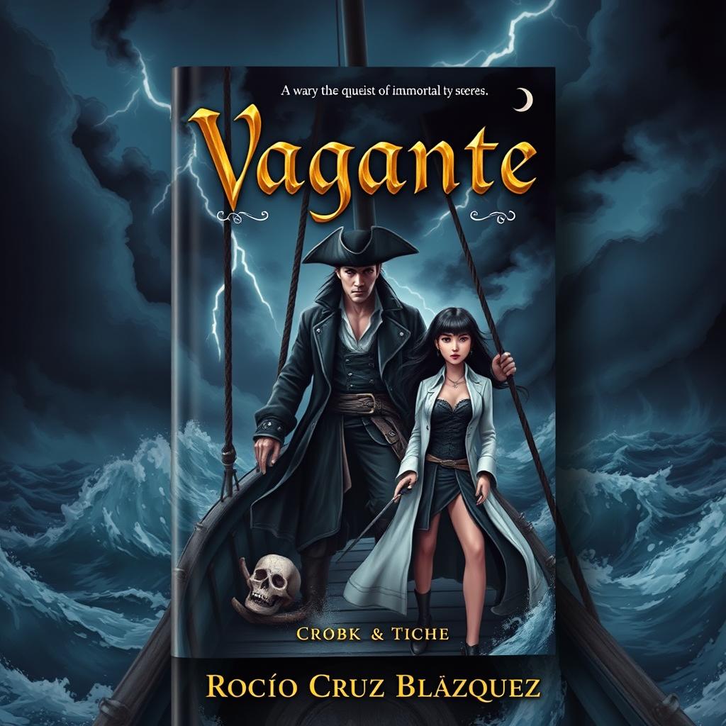 A captivating book cover for 'Vagante' by Rocío Cruz Blázquez, featuring an enigmatic captain named Dorghouth, who exudes a sense of mystery and danger, standing on the deck of a pirate ship amidst a stormy sea