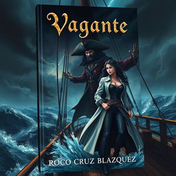 A captivating book cover for 'Vagante' by Rocío Cruz Blázquez, featuring an enigmatic captain named Dorghouth, who exudes a sense of mystery and danger, standing on the deck of a pirate ship amidst a stormy sea