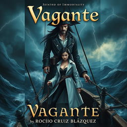 A captivating book cover for 'Vagante' by Rocío Cruz Blázquez, featuring an enigmatic captain named Dorghouth, who exudes a sense of mystery and danger, standing on the deck of a pirate ship amidst a stormy sea