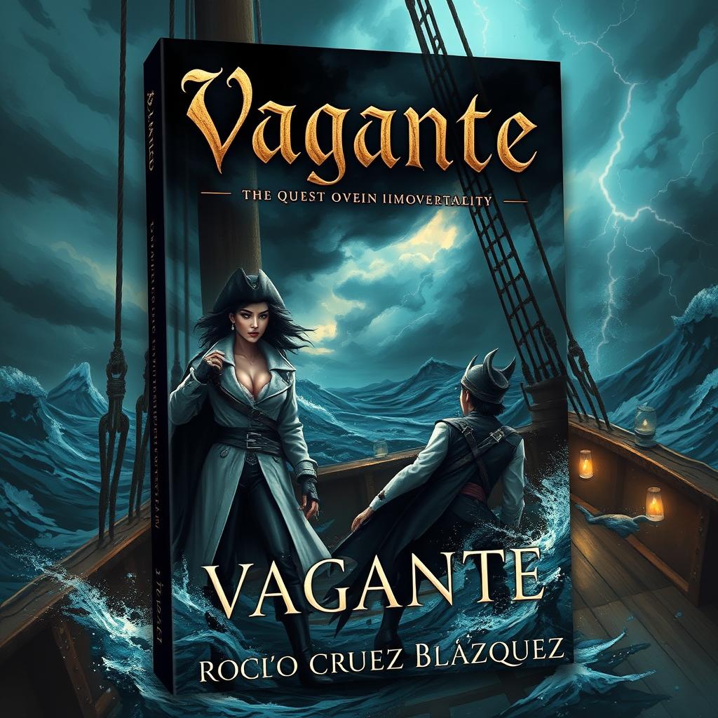 A captivating book cover for 'Vagante' by Rocío Cruz Blázquez, featuring an enigmatic captain named Dorghouth, who exudes a sense of mystery and danger, standing on the deck of a pirate ship amidst a stormy sea