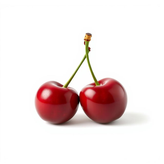 A hyper-realistic depiction of two pairs of cherries, isolated as the main object against a clean white background