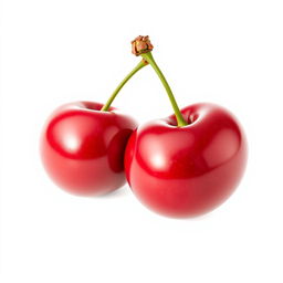 A hyper-realistic depiction of two pairs of cherries, isolated as the main object against a clean white background