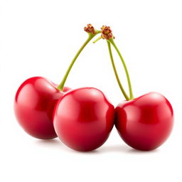 A hyper-realistic depiction of two pairs of cherries, isolated as the main object against a clean white background