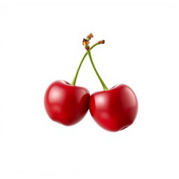 A hyper-realistic depiction of two pairs of cherries, isolated as the main object against a clean white background