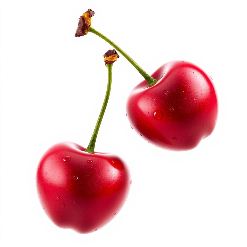 A hyper-realistic depiction of two pairs of cherries, isolated as the main subject against a clean white background