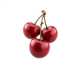 A hyper-realistic depiction of two pairs of cherries, isolated as the main subject against a clean white background