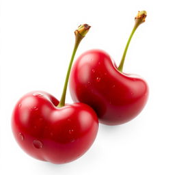 A hyper-realistic depiction of two pairs of cherries, isolated as the main subject against a clean white background