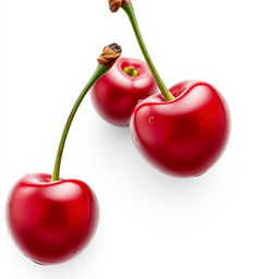 A hyper-realistic depiction of two pairs of cherries, isolated as the main subject against a clean white background