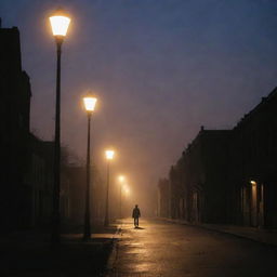 A silhouette of a person walking alone on a deserted street, illuminated by a soft glow of a street lamp under the twilight sky.