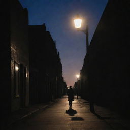 A silhouette of a person walking alone on a deserted street, illuminated by a soft glow of a street lamp under the twilight sky.