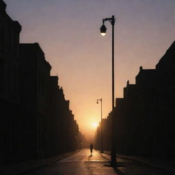 A silhouette of a person walking alone on a deserted street, illuminated by a soft glow of a street lamp under the twilight sky.