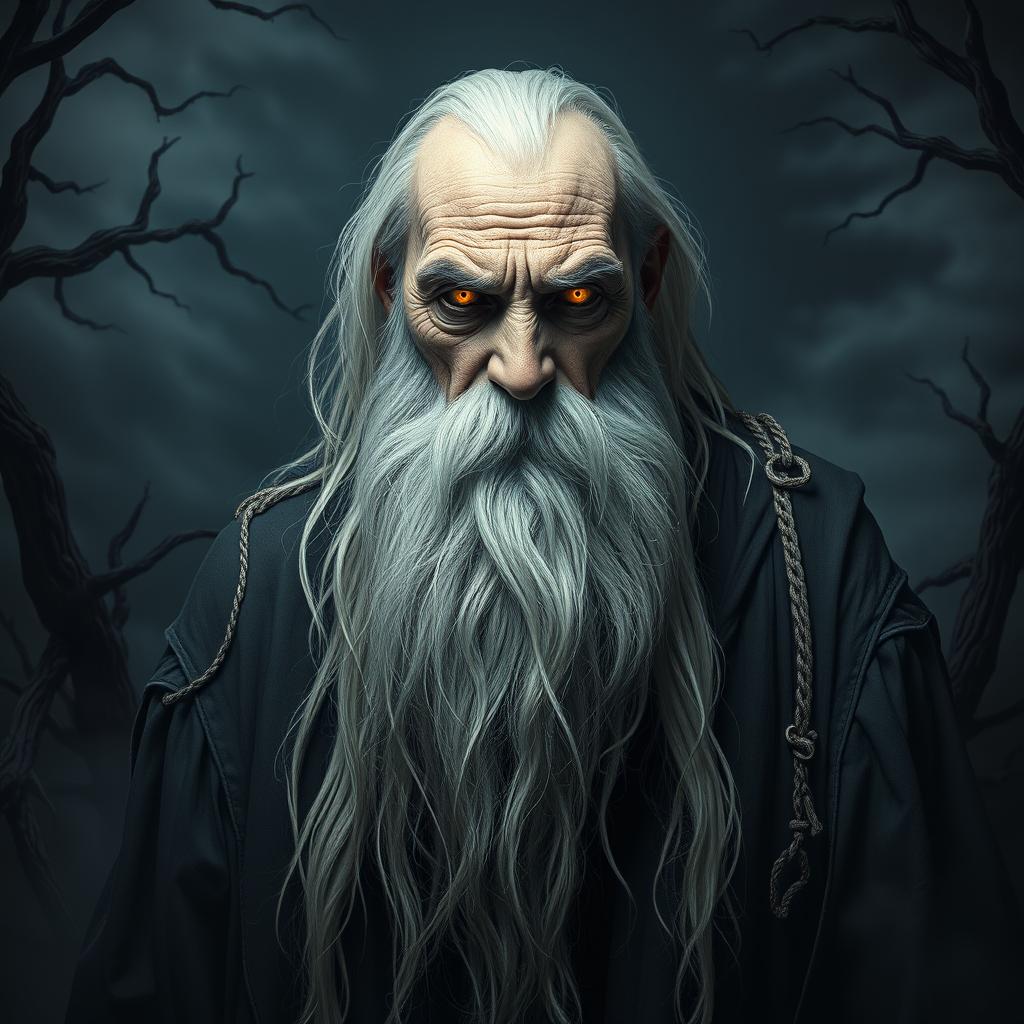 An ancient, aged man with a long, flowing white beard that cascades down to his chest, his face etched with deep wrinkles that tell tales of sorrow and wisdom