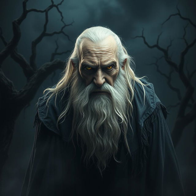 An ancient, aged man with a long, flowing white beard that cascades down to his chest, his face etched with deep wrinkles that tell tales of sorrow and wisdom