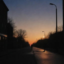 A silhouette of a person walking alone on a deserted street, illuminated by a soft glow of a street lamp under the twilight sky.