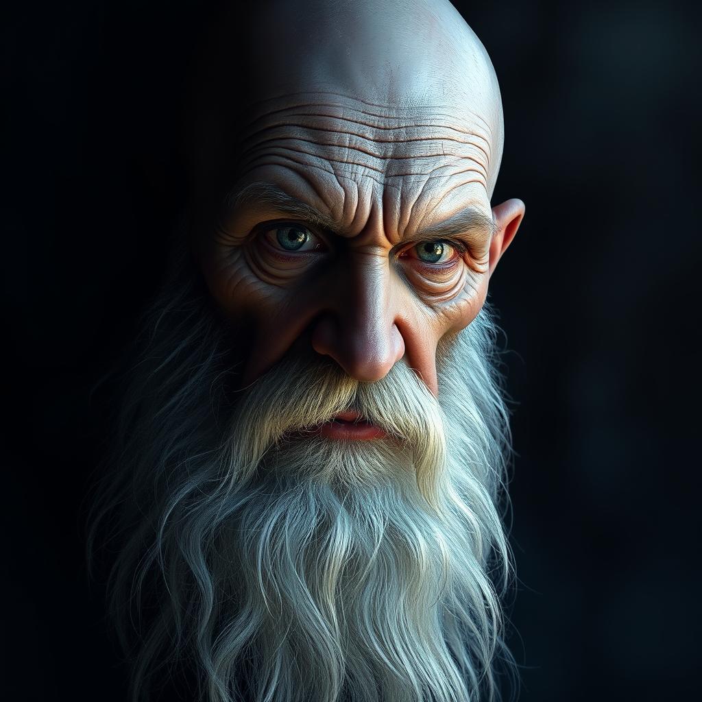 A bald aged man with a long, flowing white beard, featuring an intense and terrifying expression