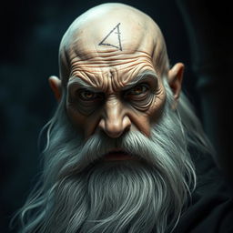 A bald aged man with a long, flowing white beard, featuring an intense and terrifying expression