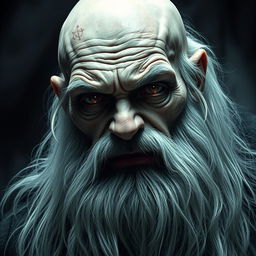 A bald aged man with a long, flowing white beard, featuring an intense and terrifying expression