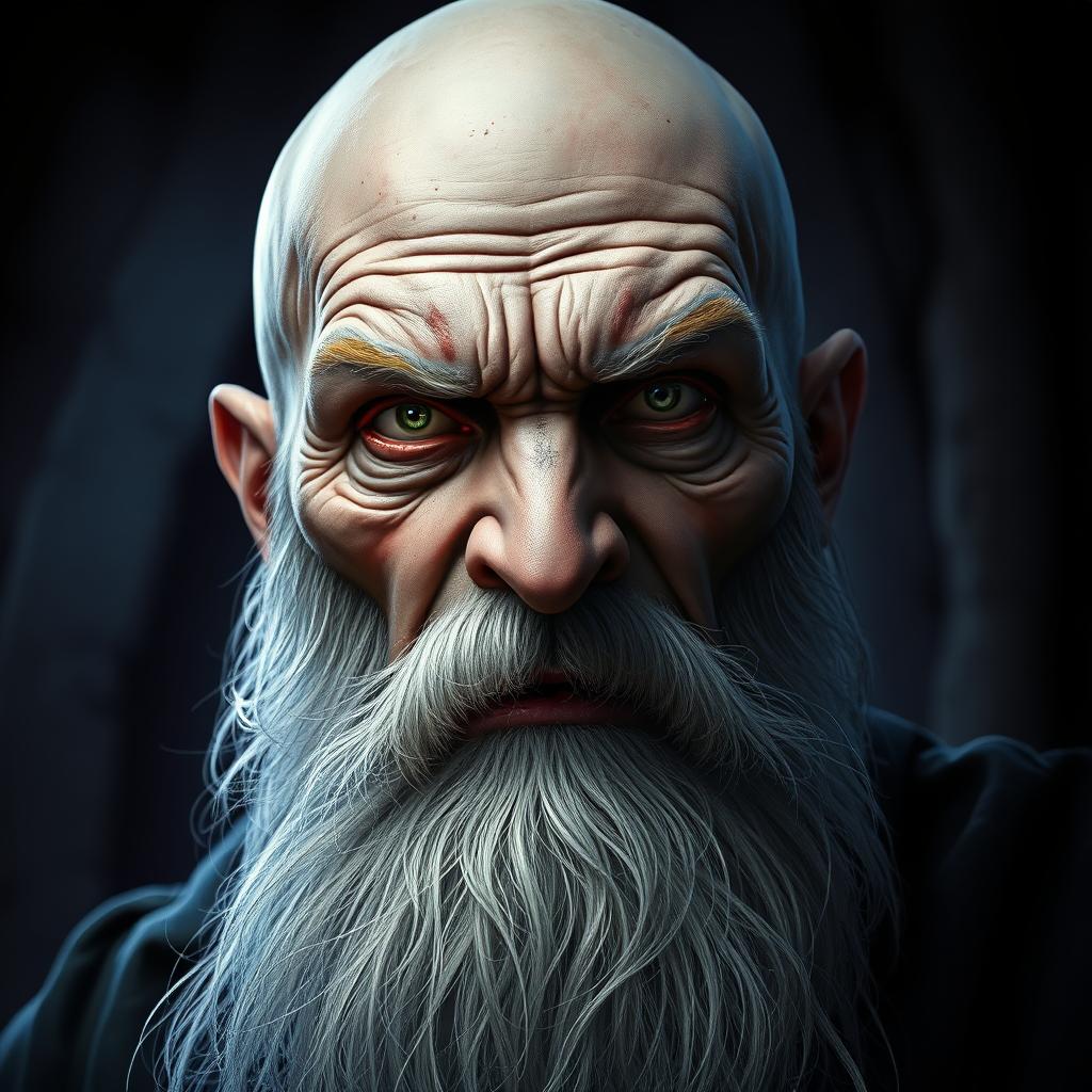 A bald aged man with a long, flowing white beard, featuring an intense and terrifying expression