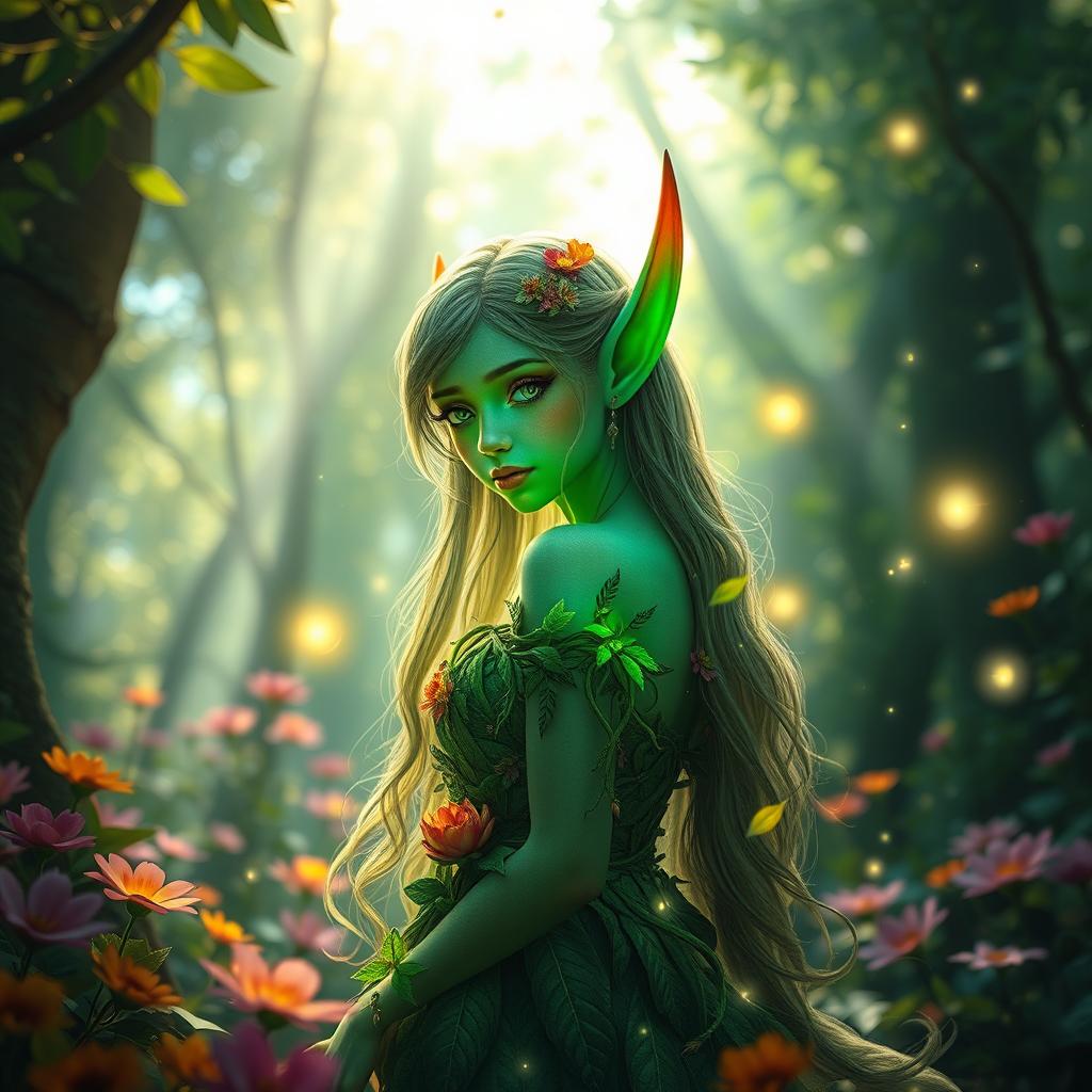 An enchanting elf in a lush, mystical forest, surrounded by sparkling fairy lights and vibrant flowers