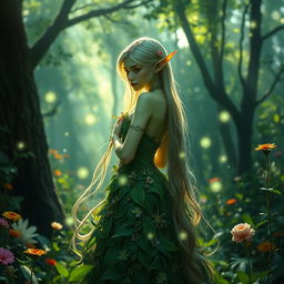 An enchanting elf in a lush, mystical forest, surrounded by sparkling fairy lights and vibrant flowers