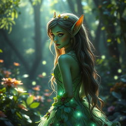 An enchanting elf in a lush, mystical forest, surrounded by sparkling fairy lights and vibrant flowers