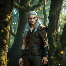 A handsome male elf standing in an enchanting forest, characterized by his sharp features, pointed ears, and bright green eyes