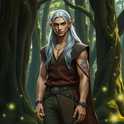 A handsome male elf standing in an enchanting forest, characterized by his sharp features, pointed ears, and bright green eyes