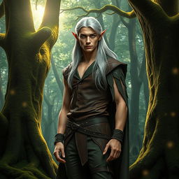 A handsome male elf standing in an enchanting forest, characterized by his sharp features, pointed ears, and bright green eyes