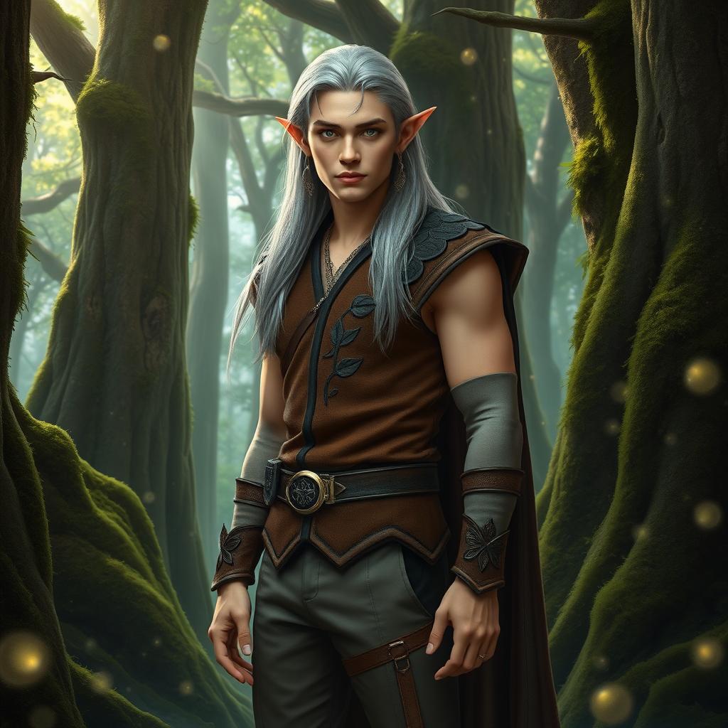 A handsome male elf standing in an enchanting forest, characterized by his sharp features, pointed ears, and bright green eyes