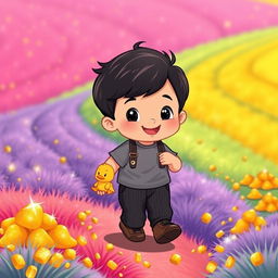 A cheerful cartoon illustration of a 10-month-old baby boy with thick black hair, dressed in a cozy gray t-shirt, stylish black corduroy pants, and adorable brown leather shoes