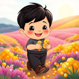 A cheerful cartoon illustration of a 10-month-old baby boy with thick black hair, dressed in a cozy gray t-shirt, stylish black corduroy pants, and adorable brown leather shoes