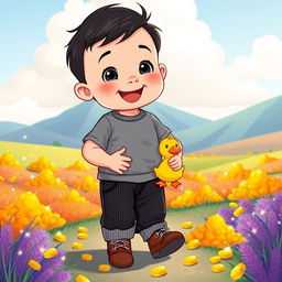 A cheerful cartoon illustration of a 10-month-old baby boy with thick black hair, dressed in a cozy gray t-shirt, stylish black corduroy pants, and adorable brown leather shoes