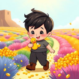 A cheerful cartoon illustration of a 10-month-old baby boy with thick black hair, dressed in a cozy gray t-shirt, stylish black corduroy pants, and adorable brown leather shoes