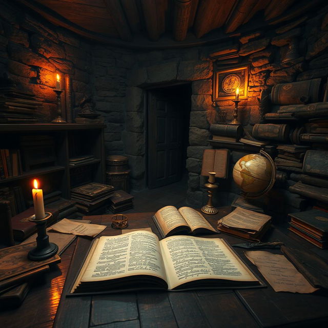 A mysterious secret room filled with old, dusty books, ancient artifacts, and dim lighting