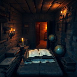 A mysterious secret room filled with old, dusty books, ancient artifacts, and dim lighting