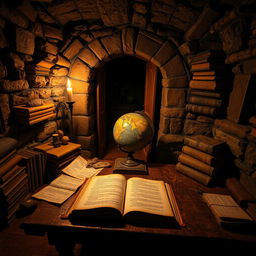 A mysterious secret room filled with old, dusty books, ancient artifacts, and dim lighting