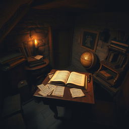 A mysterious secret room filled with old, dusty books, ancient artifacts, and dim lighting