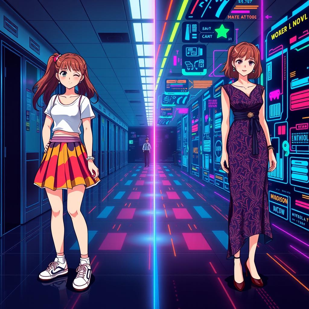 A book cover design featuring two versions of Madison: on one side, a 16-year-old girl wearing a vibrant, colorful skirt and a fitted top, inspired by 90s fashion and anime style