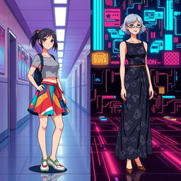 A book cover design featuring two versions of Madison: on one side, a 16-year-old girl wearing a vibrant, colorful skirt and a fitted top, inspired by 90s fashion and anime style