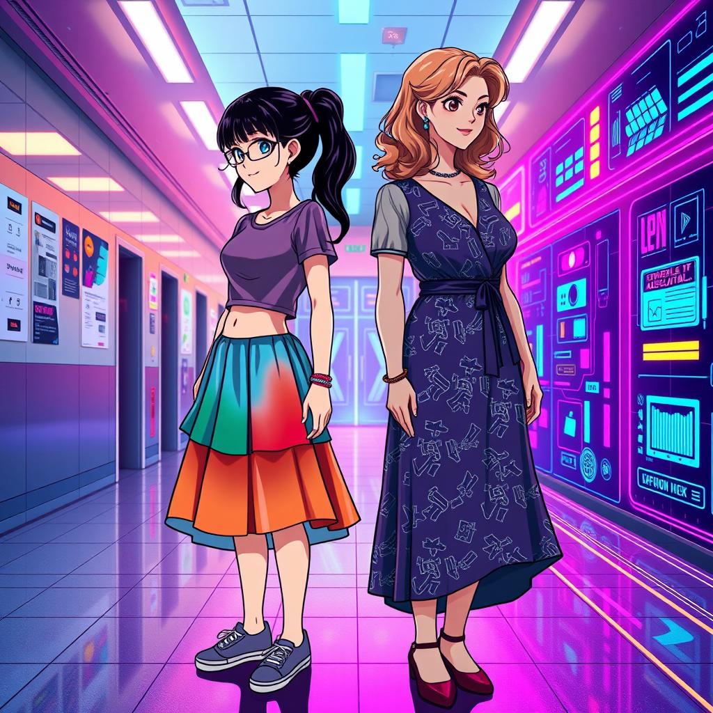 A book cover design featuring two versions of Madison: on one side, a 16-year-old girl wearing a vibrant, colorful skirt and a fitted top, inspired by 90s fashion and anime style