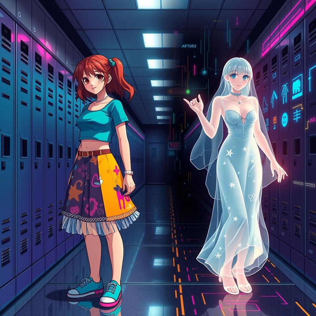 A visually striking book cover featuring two versions of Madison: on the left, a vibrant 16-year-old girl wearing a colorful 90s-style skirt and fitted top inspired by anime, radiating youthful energy