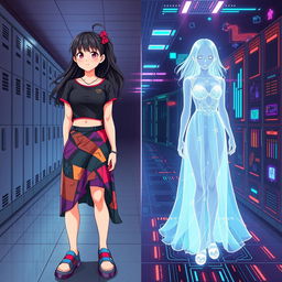 A visually striking book cover featuring two versions of Madison: on the left, a vibrant 16-year-old girl wearing a colorful 90s-style skirt and fitted top inspired by anime, radiating youthful energy