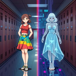 A visually striking book cover featuring two versions of Madison: on the left, a vibrant 16-year-old girl wearing a colorful 90s-style skirt and fitted top inspired by anime, radiating youthful energy