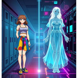 A visually striking book cover featuring two versions of Madison: on the left, a vibrant 16-year-old girl wearing a colorful 90s-style skirt and fitted top inspired by anime, radiating youthful energy