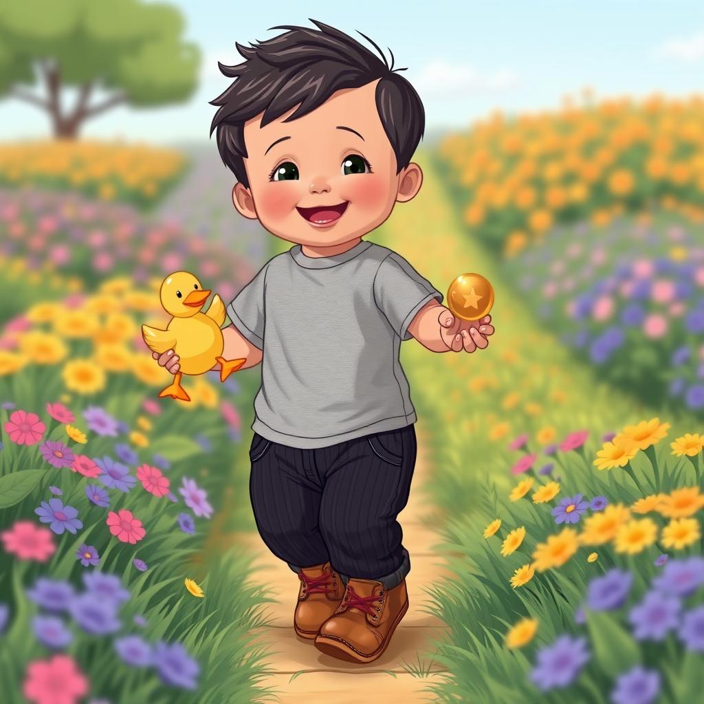 A delightful cartoon illustration of a 10-month-old baby boy with thick black hair, dressed in a snug gray t-shirt and stylish black corduroy pants, complemented by adorable brown leather shoes