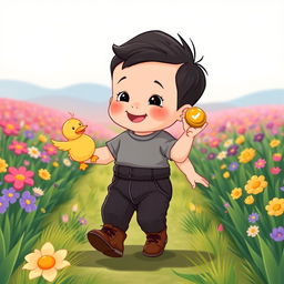 A delightful cartoon illustration of a 10-month-old baby boy with thick black hair, dressed in a snug gray t-shirt and stylish black corduroy pants, complemented by adorable brown leather shoes