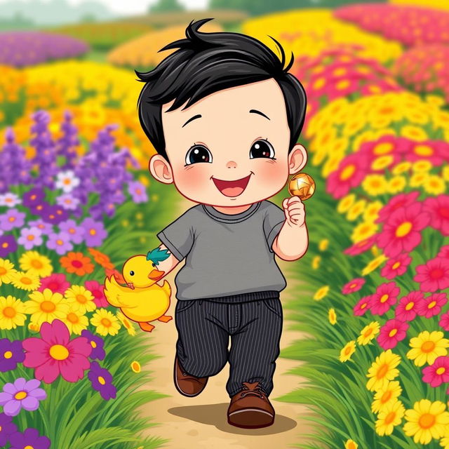 A delightful cartoon illustration of a 10-month-old baby boy with thick black hair, dressed in a snug gray t-shirt and stylish black corduroy pants, complemented by adorable brown leather shoes