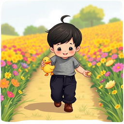 A delightful cartoon illustration of a 10-month-old baby boy with thick black hair, dressed in a snug gray t-shirt and stylish black corduroy pants, complemented by adorable brown leather shoes