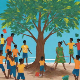 An abstract AI-generated art piece illustrating vibrant young individuals participating in community projects fostering positive social change in Sri Lanka. Visual metaphors such as tree planting, beach cleanup, and classroom teaching are present.