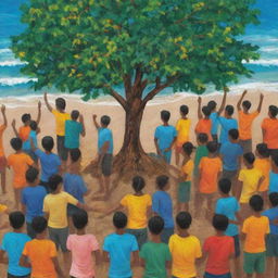 An abstract AI-generated art piece illustrating vibrant young individuals participating in community projects fostering positive social change in Sri Lanka. Visual metaphors such as tree planting, beach cleanup, and classroom teaching are present.